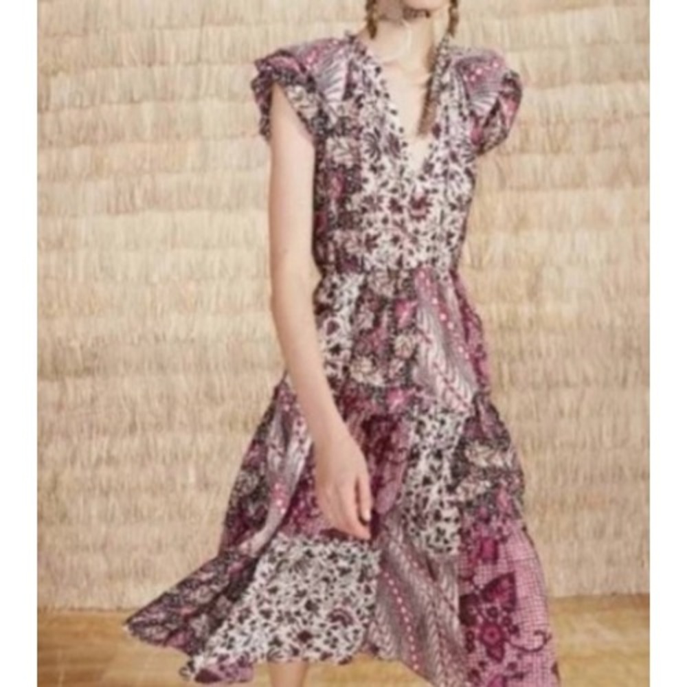 Ulla Johnson Asis Midi Dress Cotton Silk Batik Floral Tiered Purple Fuchsia 0